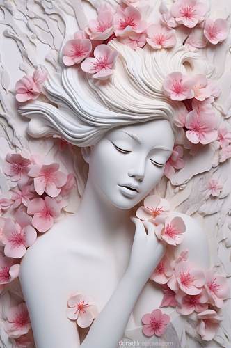 AI数字艺术手绘粉色花朵丰胸古典石膏雕塑模型