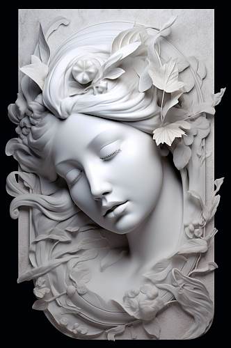 AI数字艺术头部特写花朵古典石膏雕塑模型