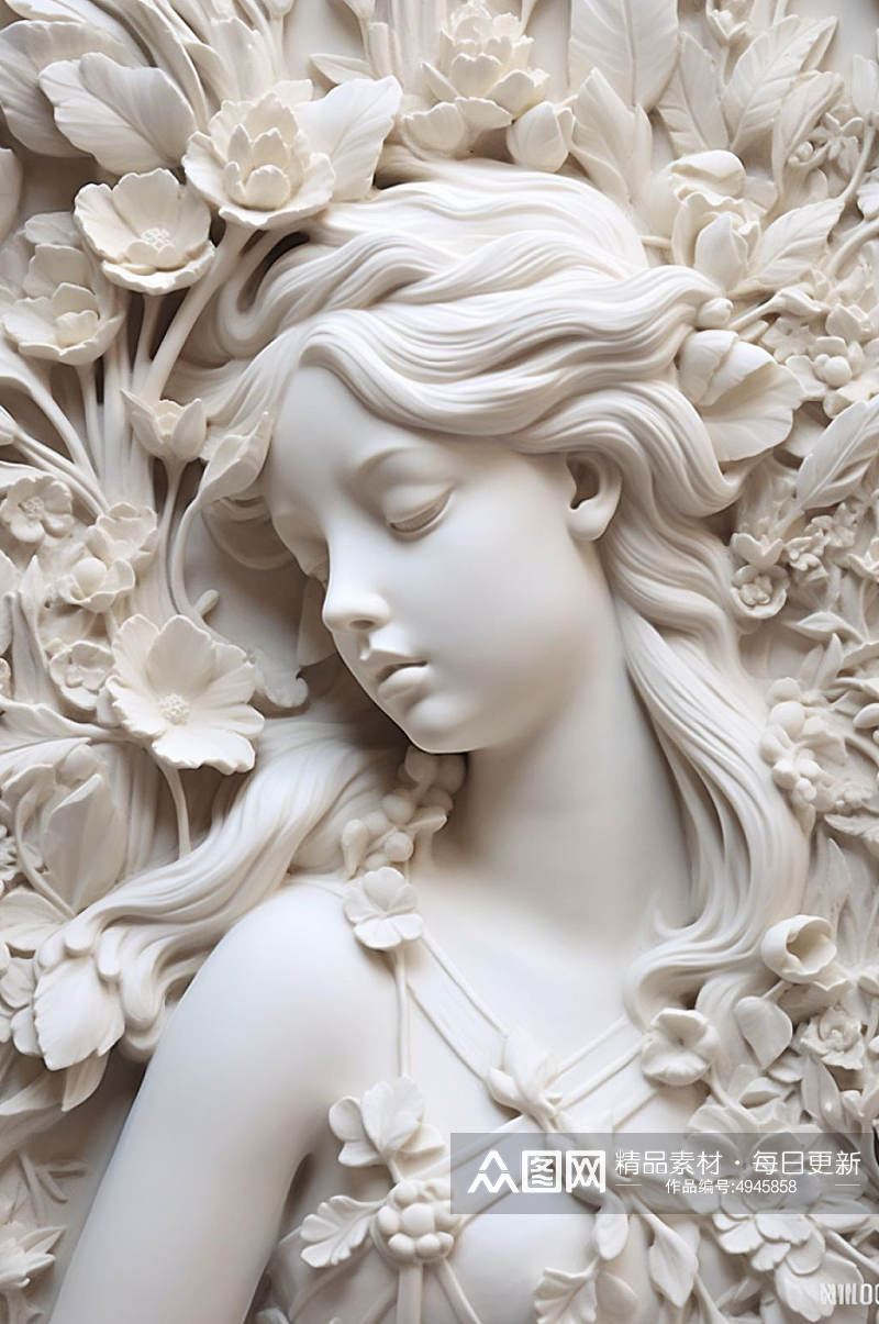 AI数字艺术手绘白色花朵古典石膏雕塑模型素材