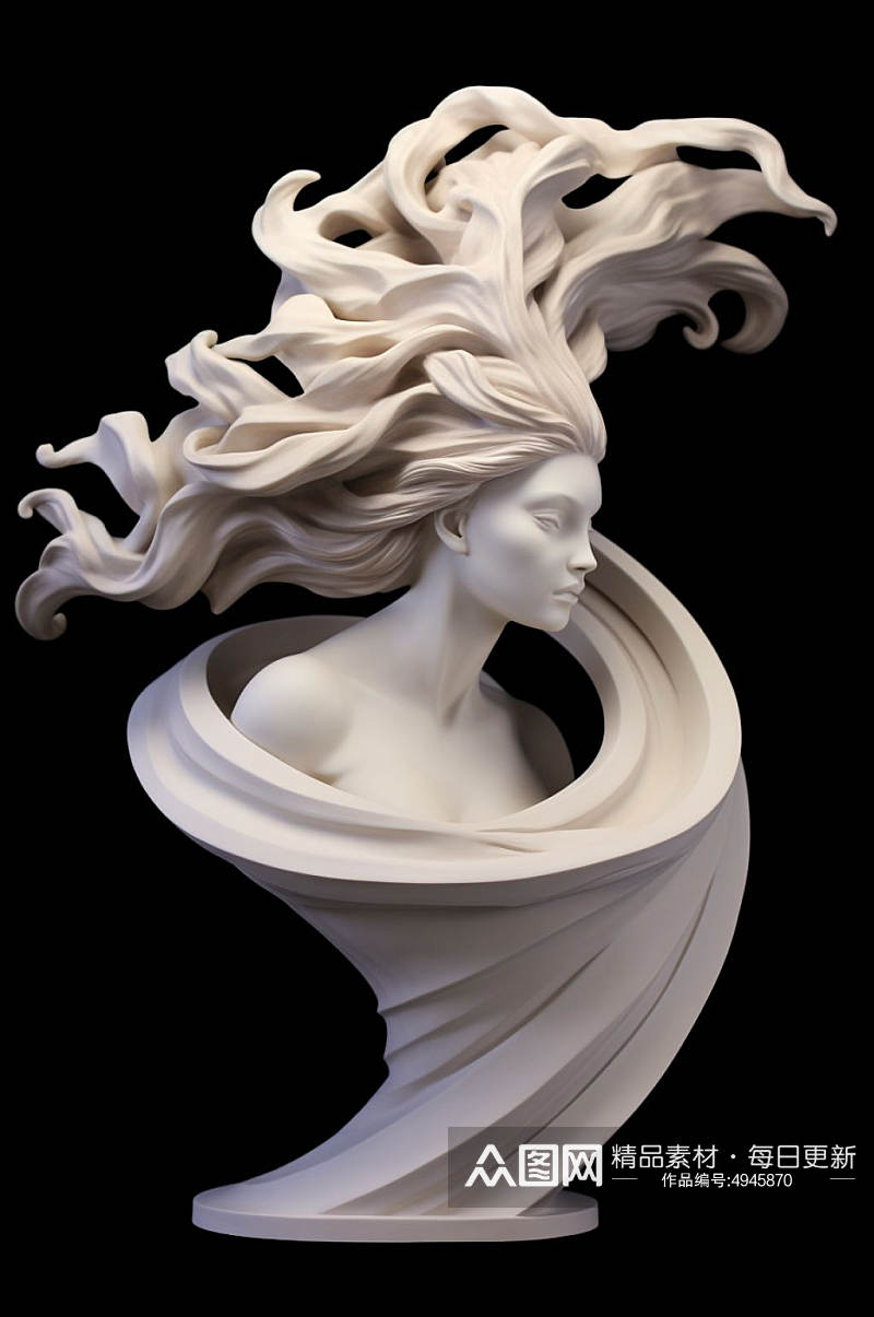 AI数字艺术黑色背景花朵古典石膏雕塑模型素材