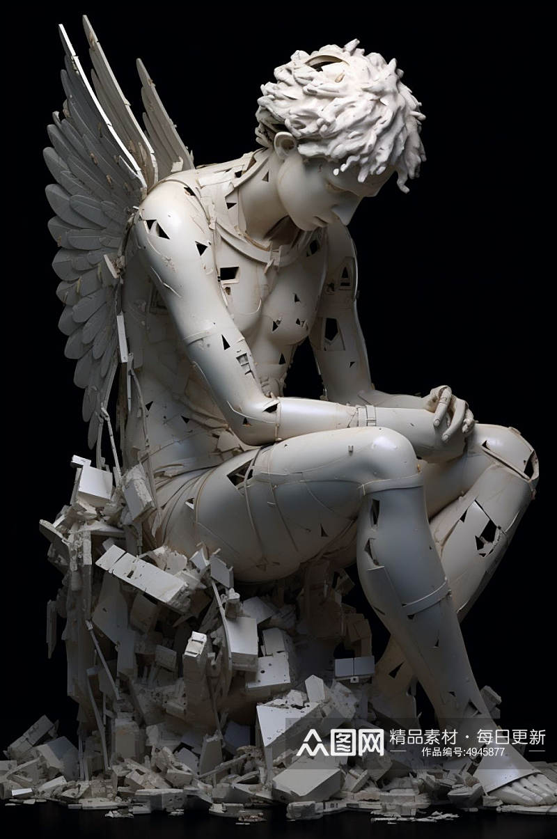 AI数字艺术破碎感花朵古典石膏雕塑模型素材