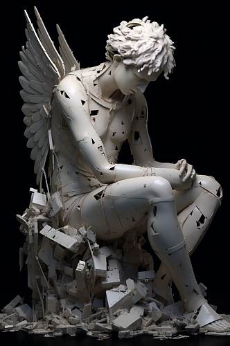 AI数字艺术破碎感花朵古典石膏雕塑模型