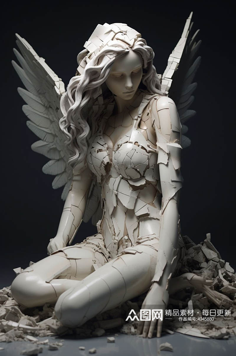 AI数字艺术破碎感花朵丰胸古典石膏雕塑模型素材