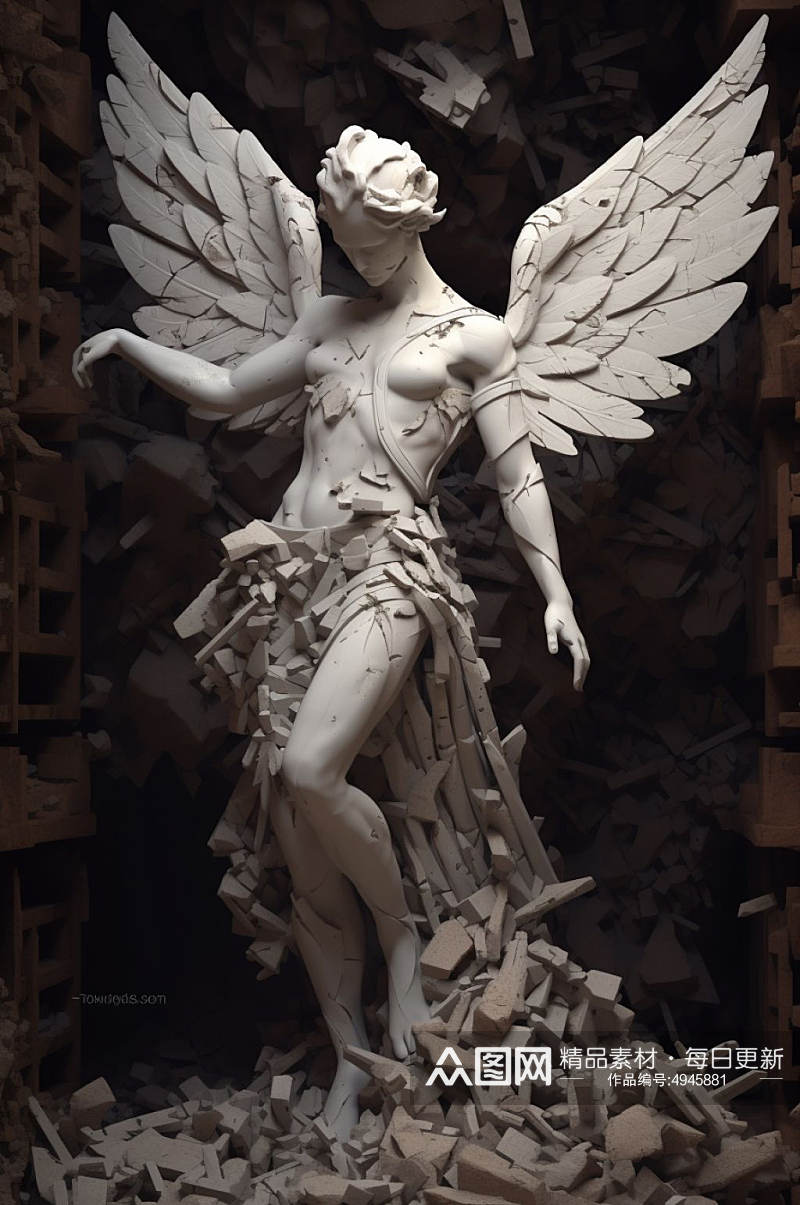 AI数字艺术破碎感花朵古典石膏丰胸雕塑模型素材