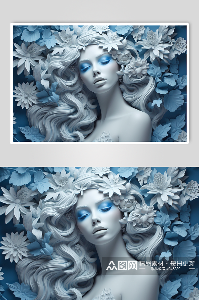 AI数字艺术创意蓝色花朵古典石膏雕塑模型素材