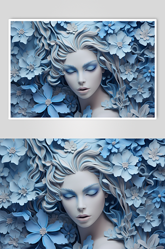 AI数字艺术创意蓝色花朵古典石膏雕塑模型