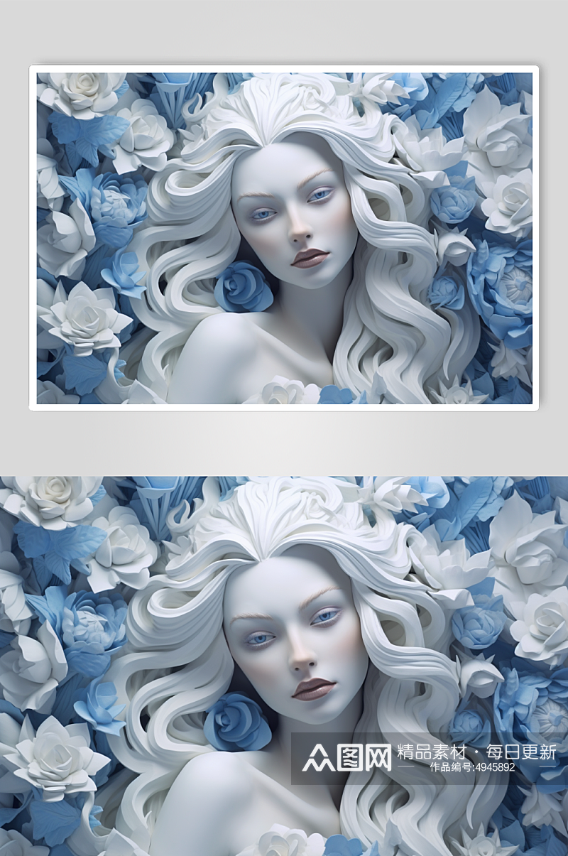 AI数字艺术创意蓝色花朵古典石膏雕塑模型素材