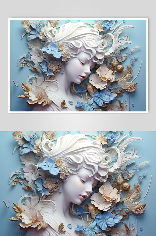 AI数字艺术黄色蓝色花朵古典石膏雕塑模型-众图网