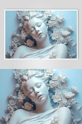 AI数字艺术创意白色花朵古典石膏雕塑模型