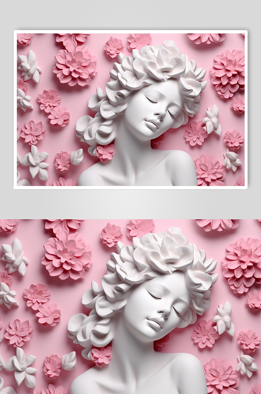 AI数字艺术手绘粉色花朵古典石膏雕塑模型