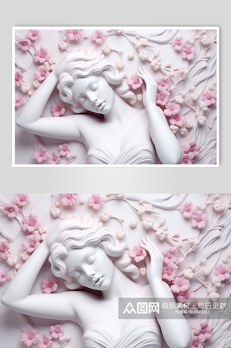 AI数字艺术手绘粉色花朵丰胸古典石膏雕塑模型素材