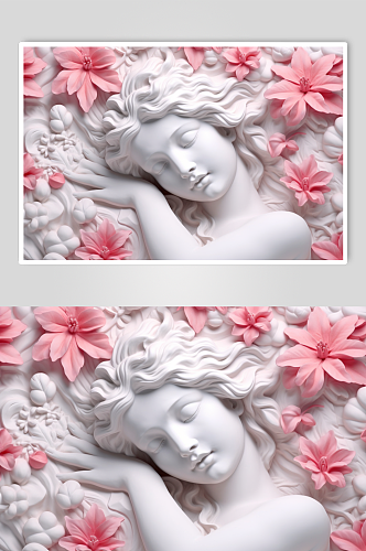 AI数字艺术手绘粉色花朵古典石膏雕塑模型