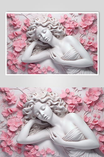 AI数字艺术手绘粉色花朵古典石膏丰胸雕塑模型