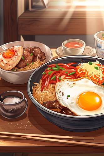 AI数字艺术卡通创意韩国石锅拌饭美食插画