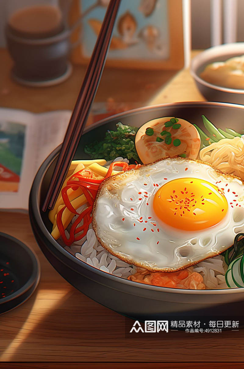 AI数字艺术卡通创意韩国石锅拌饭 美食插画素材