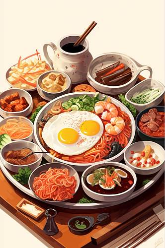 AI数字艺术卡通创意韩国石锅拌饭美食插画