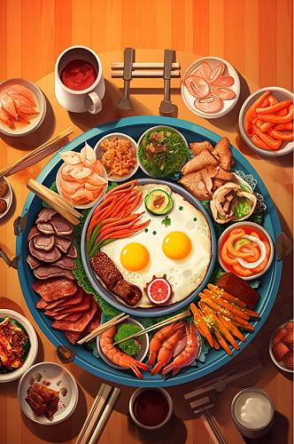 AI数字艺术卡通手绘韩国石锅拌饭美食插画