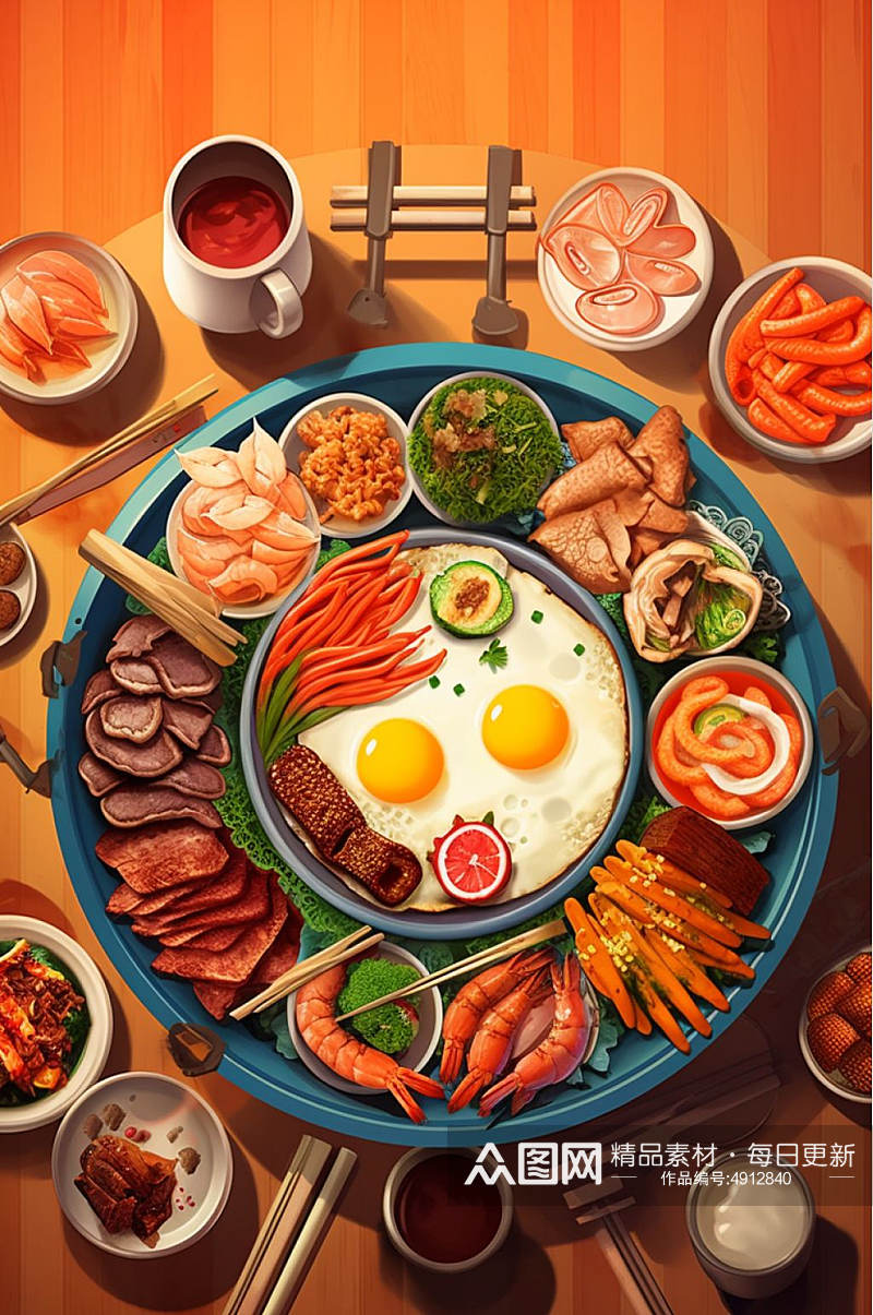 AI数字艺术卡通手绘韩国石锅拌饭美食插画素材