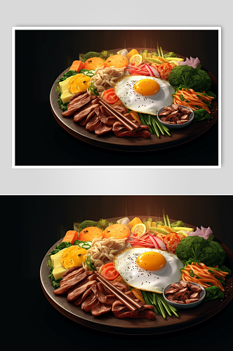 AI数字艺术卡通手绘韩国石锅拌饭美食插画