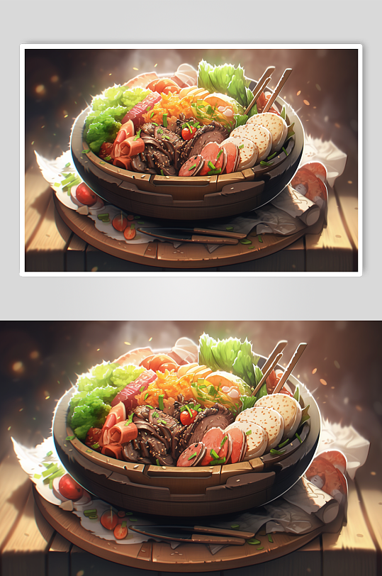 AI数字艺术韩国石锅拌饭美食插画