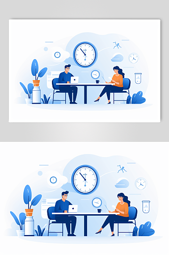 AI数字艺术扁平化企业时间管理场景插画