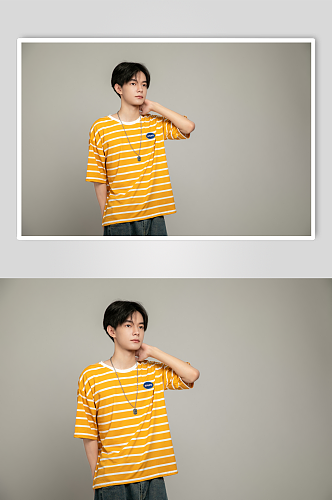 时尚夏季黄色条纹短袖T恤男生人物摄影图片