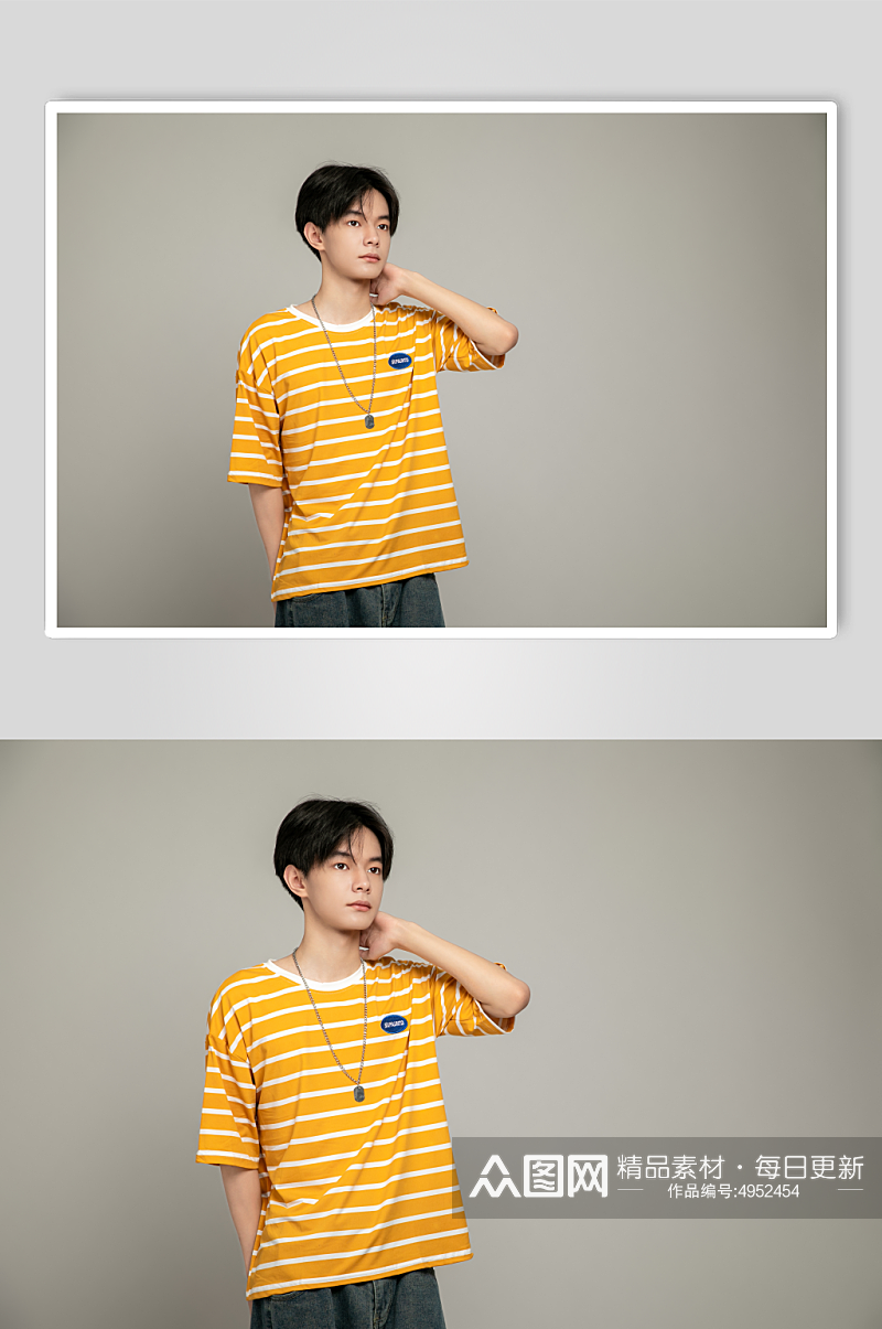 时尚夏季黄色条纹短袖T恤男生人物摄影图片素材