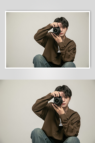 相机时尚棕色夏季衬衫男生坐姿人物摄影图片