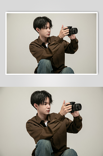 相机时尚棕色夏季衬衫男生坐姿人物摄影图片