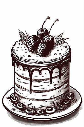 AI数字艺术简约复古线描手绘蛋糕甜品插画