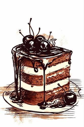 AI数字艺术简约复古线描手绘蛋糕甜品插画