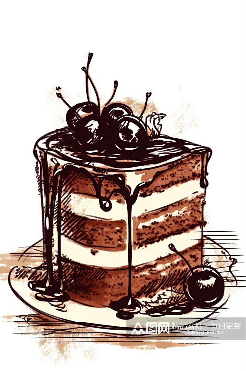 AI数字艺术简约复古线描手绘蛋糕甜品插画素材