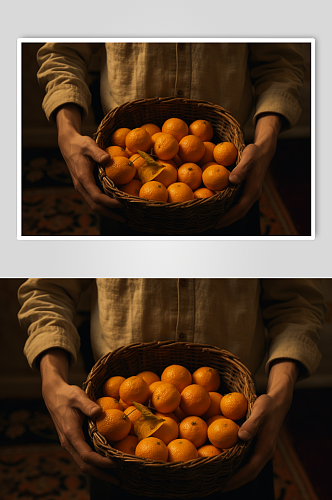 AI数字艺术手拿新鲜脐橙橙子果篮摄影图