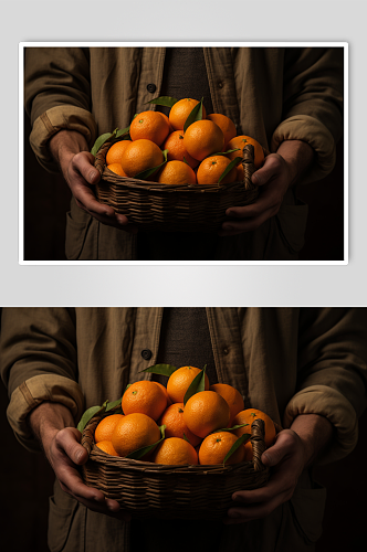 AI数字艺术手拿新鲜脐橙橙子果篮摄影图