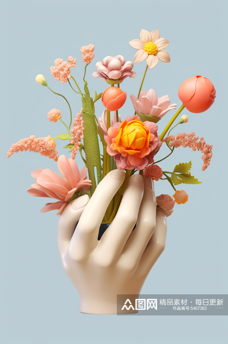 AI数字艺术感恩节手捧花朵模型素材