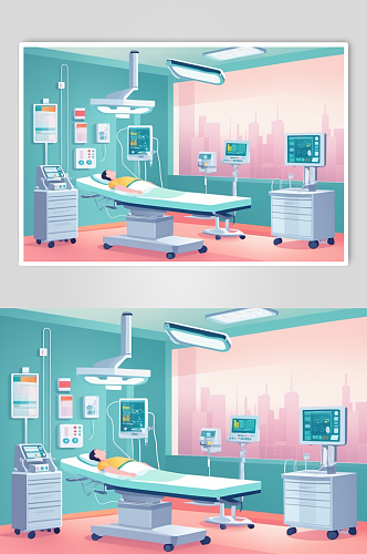 AI数字艺术卡通医院手术室场景医疗插画