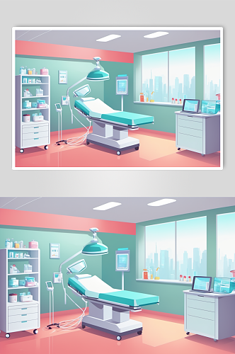 AI数字艺术卡通医院手术室场景医疗插画