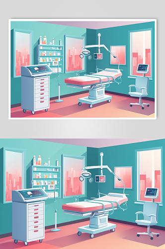 AI数字艺术卡通医院手术室场景医疗插画