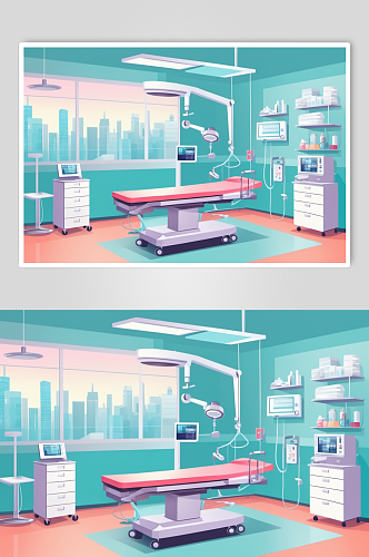 AI数字艺术卡通医院手术室场景医疗插画