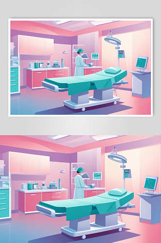AI数字艺术卡通医院手术室场景医疗插画