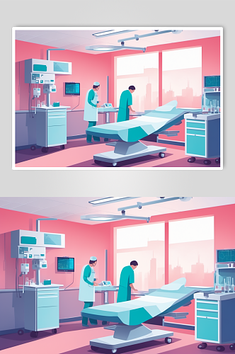 AI数字艺术卡通医院手术室场景医疗插画
