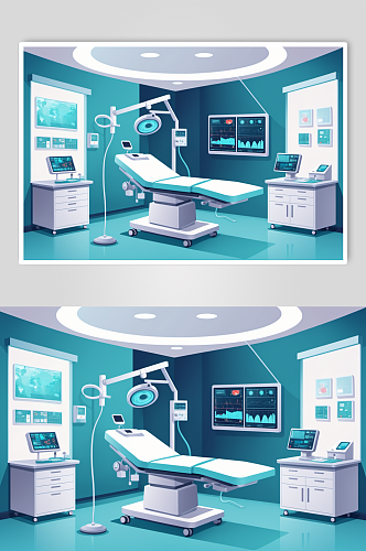 AI数字艺术卡通医院手术室场景医疗插画