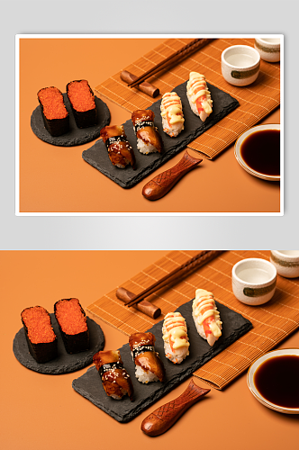 蟹子蟹棒鳗鱼寿司美食摄影图片