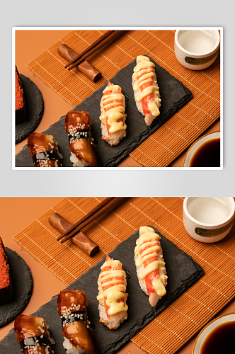 蟹子蟹棒鳗鱼寿司美食摄影图片