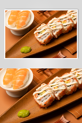 蟹子三文鱼寿司美食摄影图片