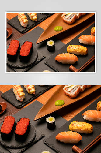 蟹子三文鱼寿司美食摄影图片