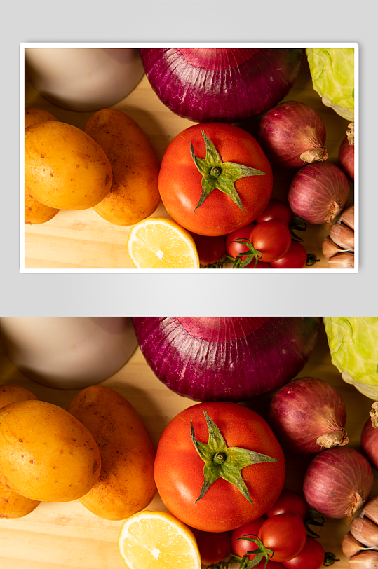 简约土豆洋葱圣女果西红柿蔬菜摄影图片