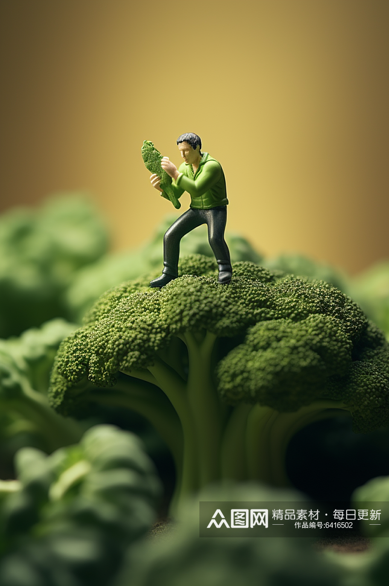 AI数字艺术微距小人蔬菜西蓝花摄影图素材