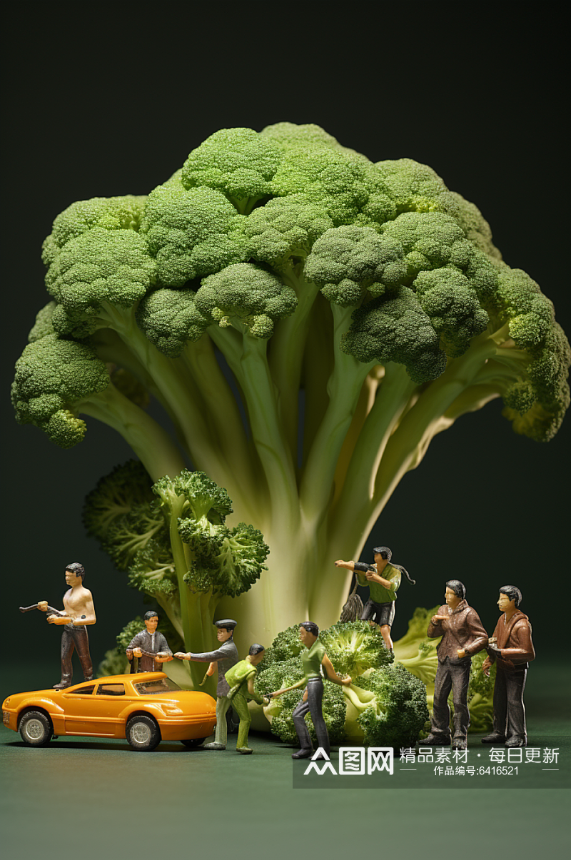 AI数字艺术微距小人蔬菜西蓝花摄影图素材