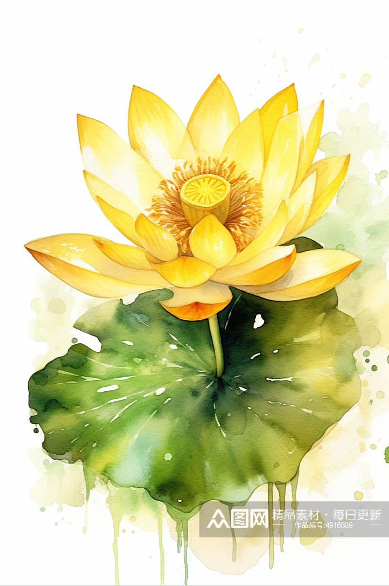 AI数字艺术原创黄色水彩风荷花花卉插画素材